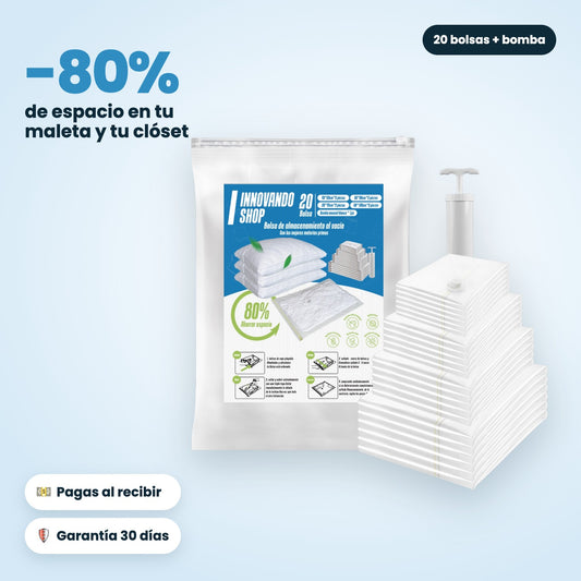 Kit de 20 bolsas al vacío con bomba: ahorra hasta 80% de espacio. Pagas al recibir